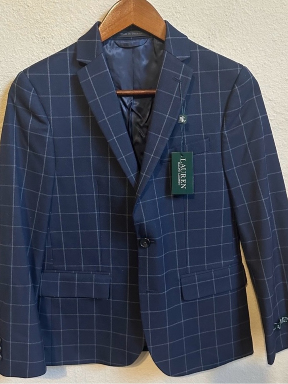NWT Lauren Ralph Lauren Boys Navy Blue Windowpane Blazer with Elbow Patches